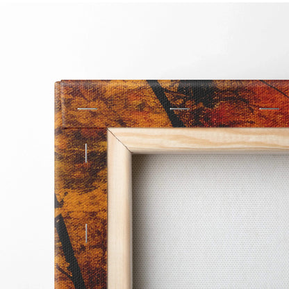 Close-up of vibrant autumn leaf digital art printed on wrapped canvas with natural wood frame, wall art detail.