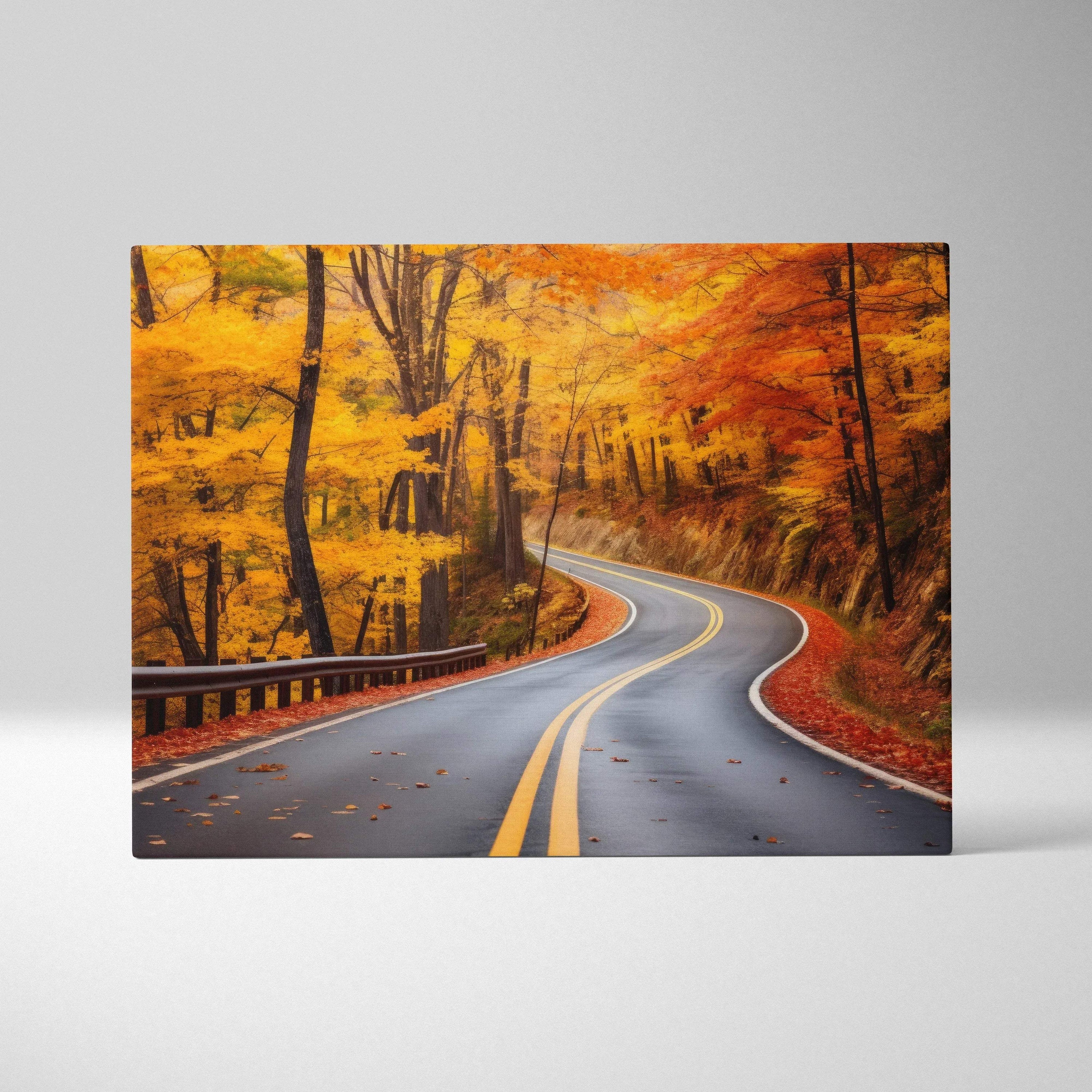 Vibrant autumn nature wall art with winding road and golden leaves on canvas art print.