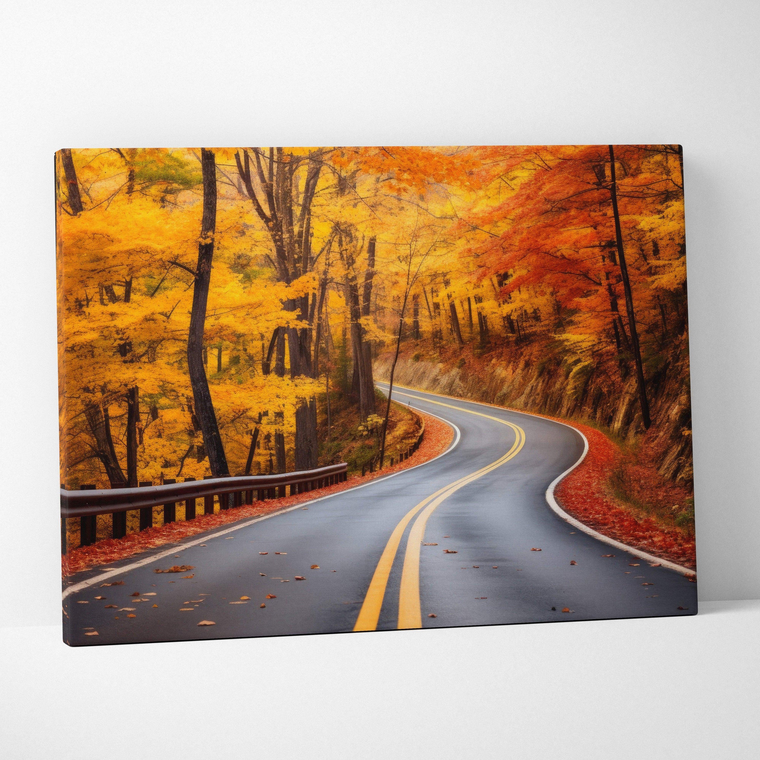 Vibrant autumn nature canvas art with winding road and golden leaves wall art print.