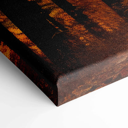 Close-up of vibrant autumn road digital art canvas print corner with rich fall foliage colors and textured canvas wall art.