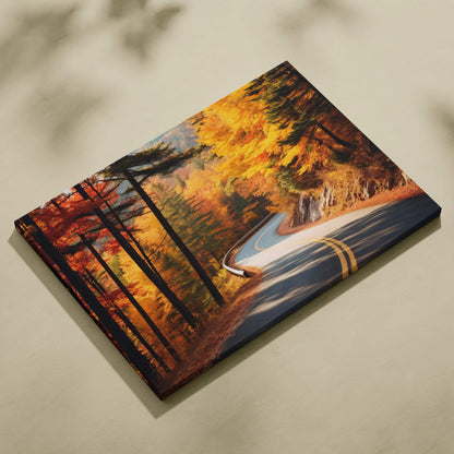 Vibrant autumn road winding through colorful fall foliage canvas art wall decor.