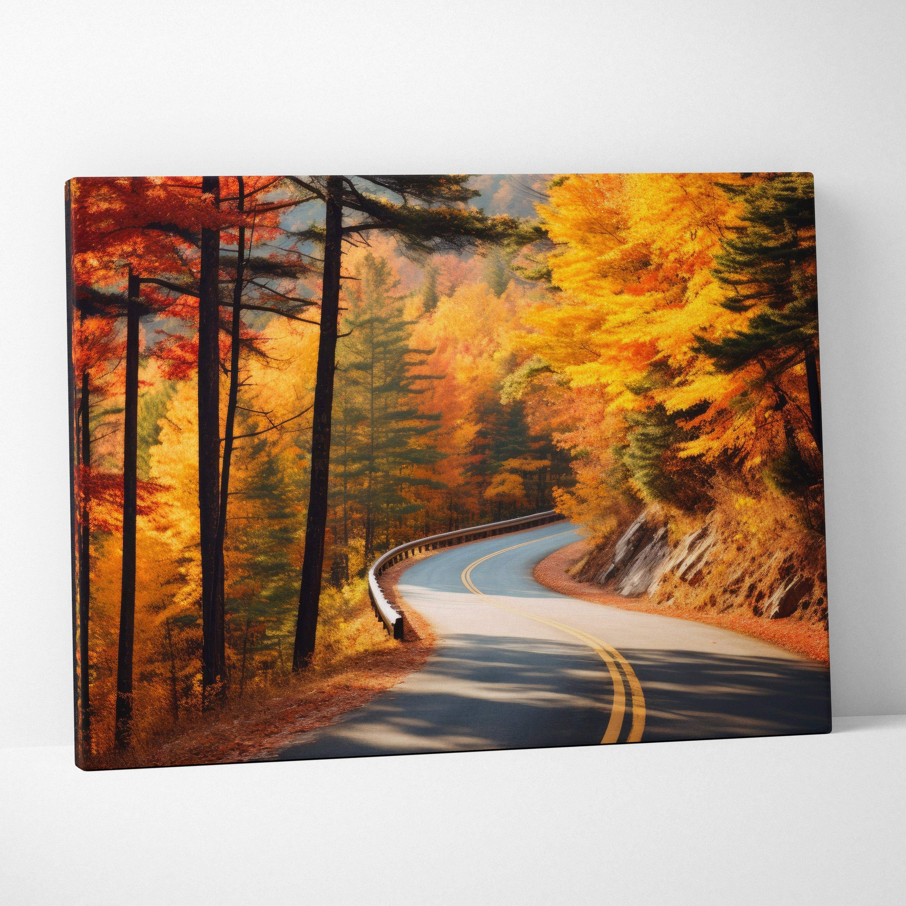 Vibrant autumn nature canvas art featuring winding road surrounded by colorful fall foliage wall art.