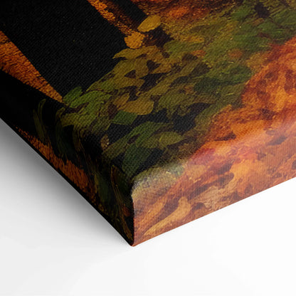 Corner close-up of vibrant autumn foliage on textured canvas wall art with rich orange and green tones.