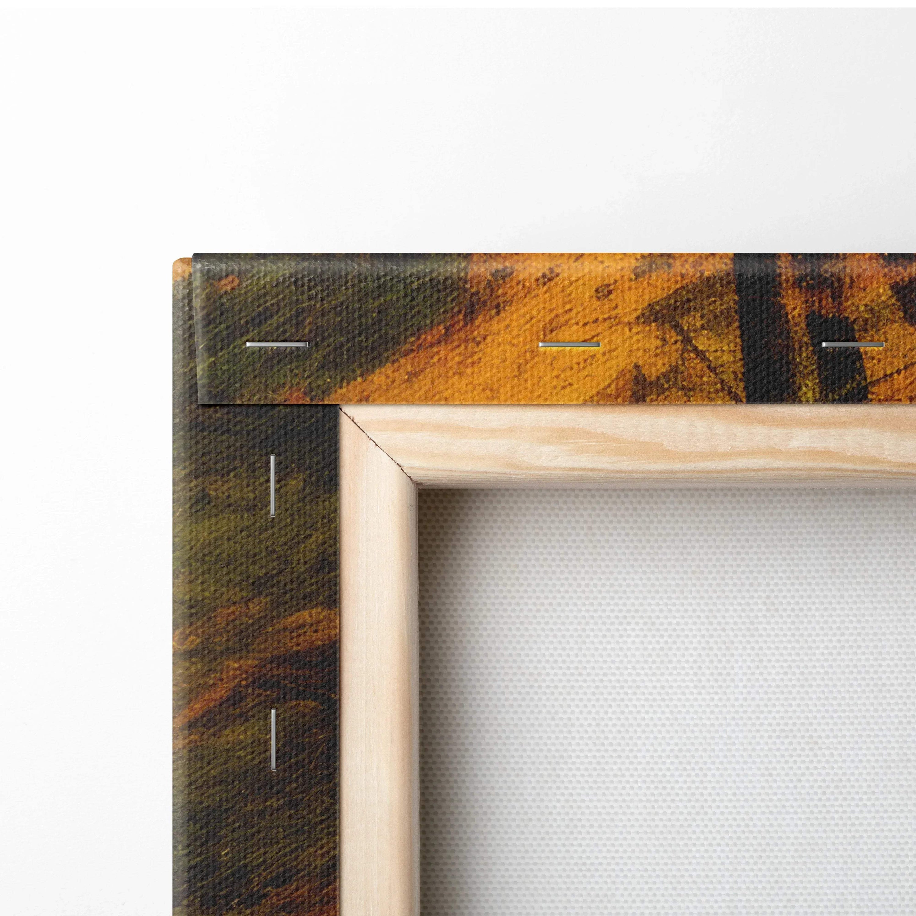 Corner of wooden frame canvas wall art showing vibrant autumn foliage with orange and green tones.