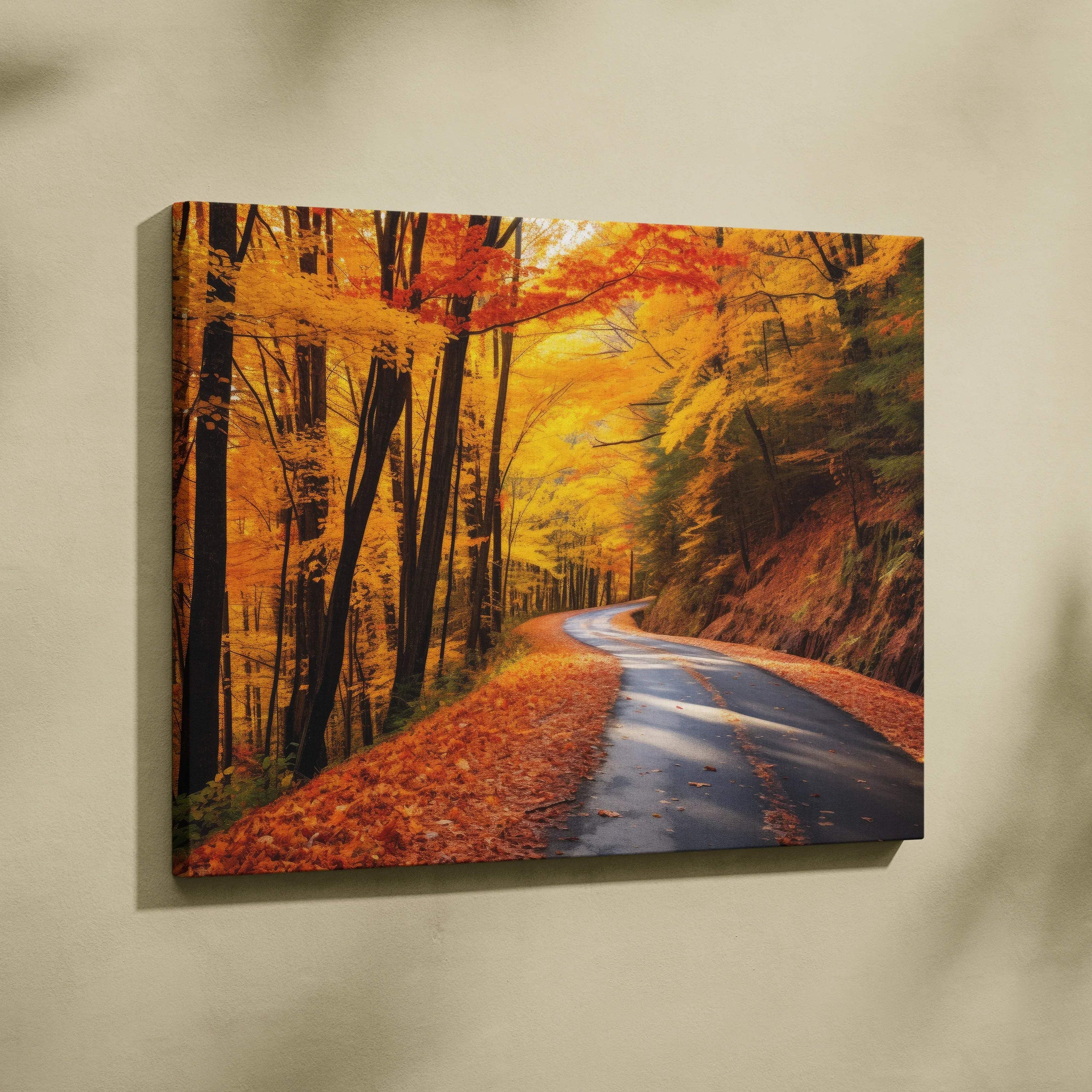 Autumn forest road with vibrant fall foliage on canvas wall art in warm orange and yellow tones.