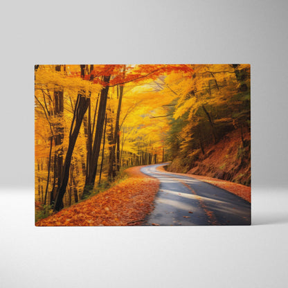 Canvas art of a winding road through vibrant autumn trees in orange and yellow fall foliage wall art.