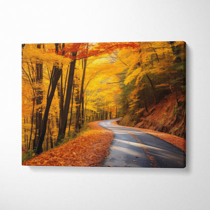 Autumn nature canvas art showing winding road through vibrant fall foliage forest wall art.