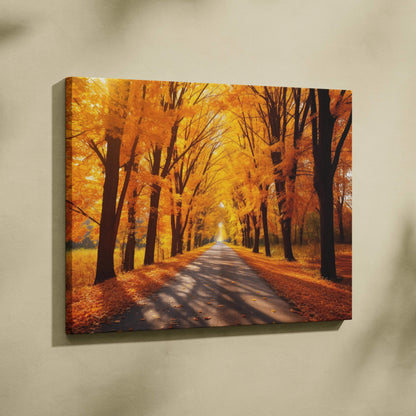 Autumn road lined with golden fall trees on vibrant canvas wall art print.