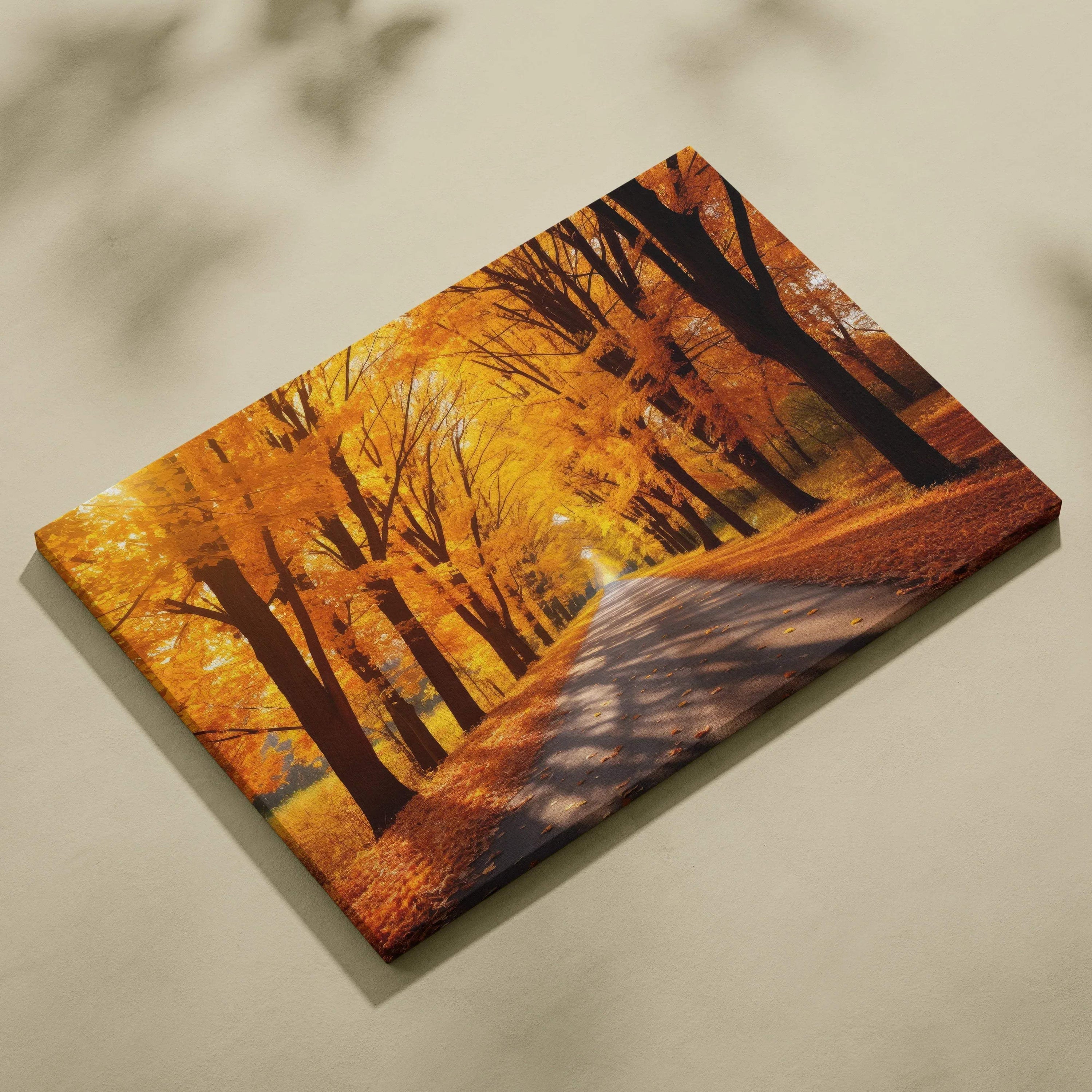 Autumn road lined with golden trees on vibrant canvas art, warm fall foliage wall art.