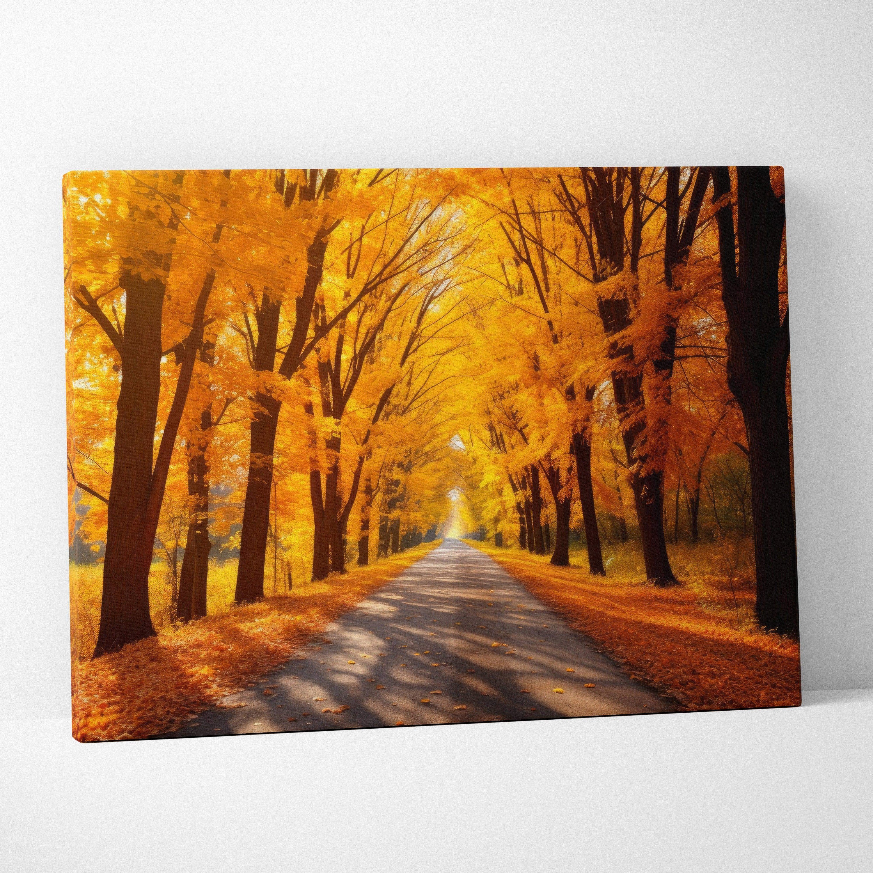 Autumn road lined with golden trees on vibrant fall canvas wall art print.
