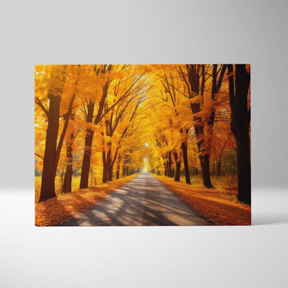 Canvas art featuring a serene autumn road framed by vibrant golden fall foliage, perfect wall art.