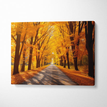 Autumn road lined with golden trees and leaves, vibrant fall canvas wall art.