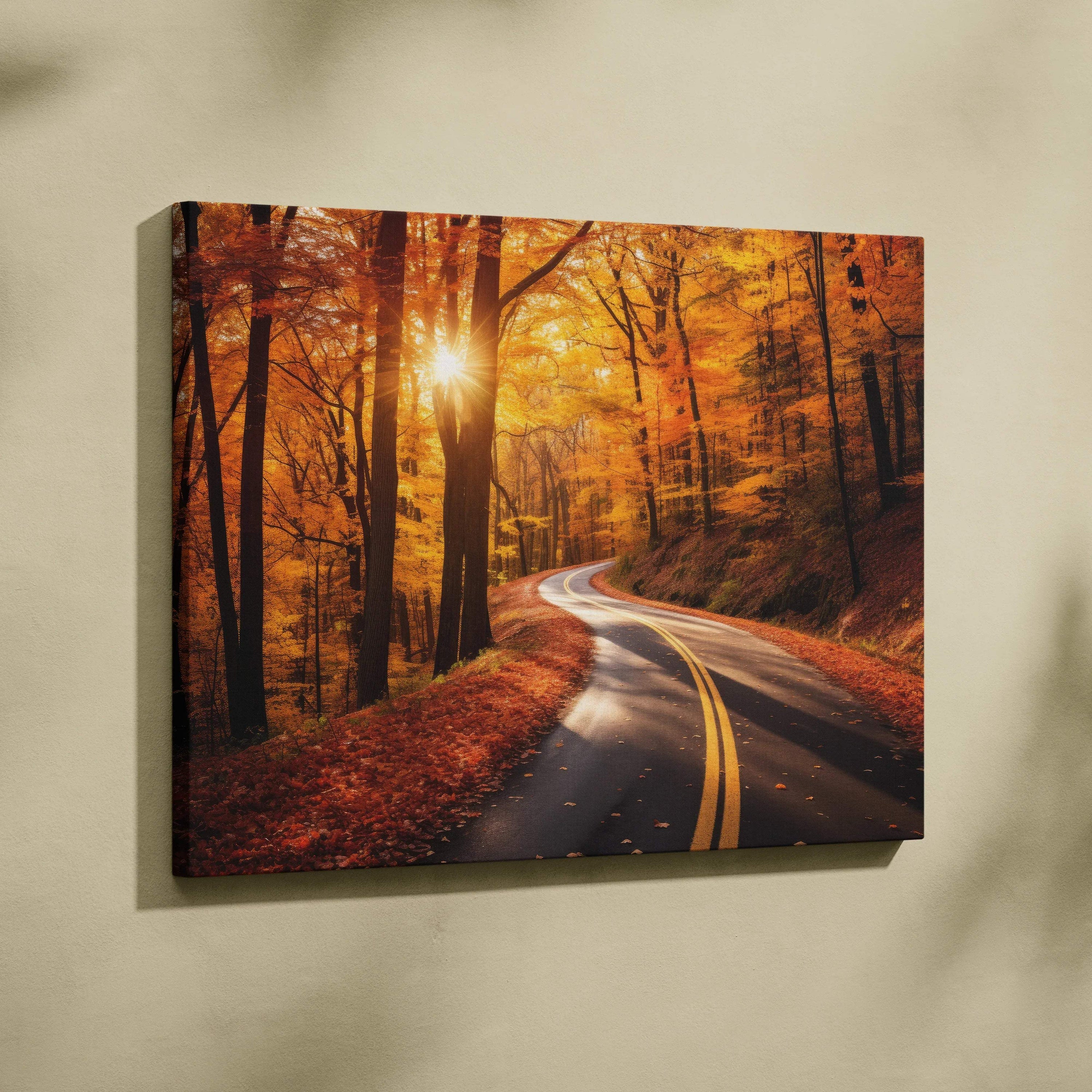 Autumn sunset on winding road through orange forest landscape canvas wall art.