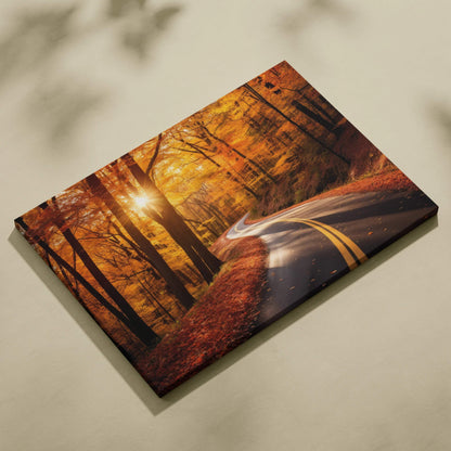 Autumn sunset digital art on canvas featuring winding road through fall trees, warm orange and yellow tones wall art.