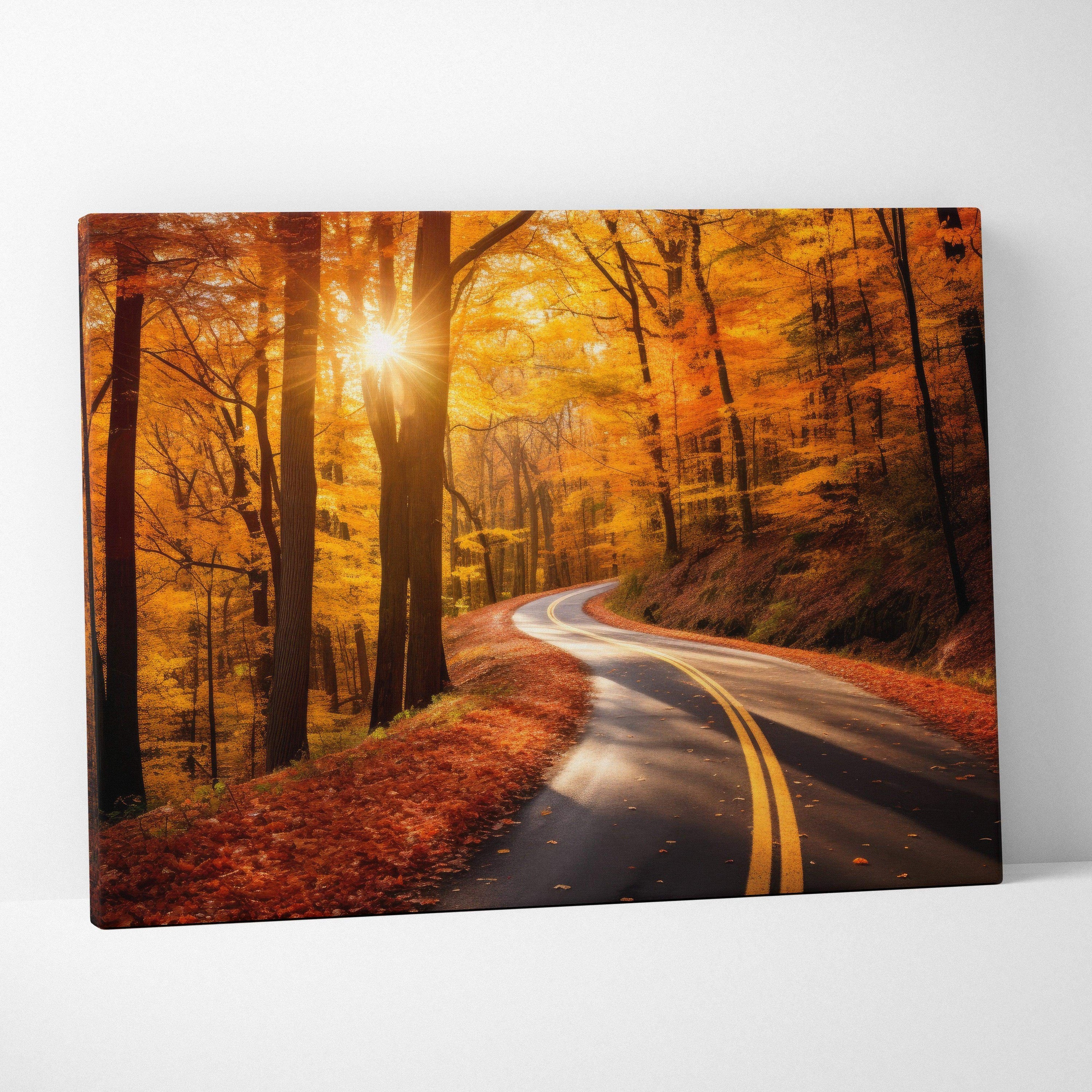Autumn sunset winding road in fall forest digital art canvas wall art.