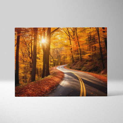 Autumn sunset over winding road through orange and yellow forest canvas wall art.
