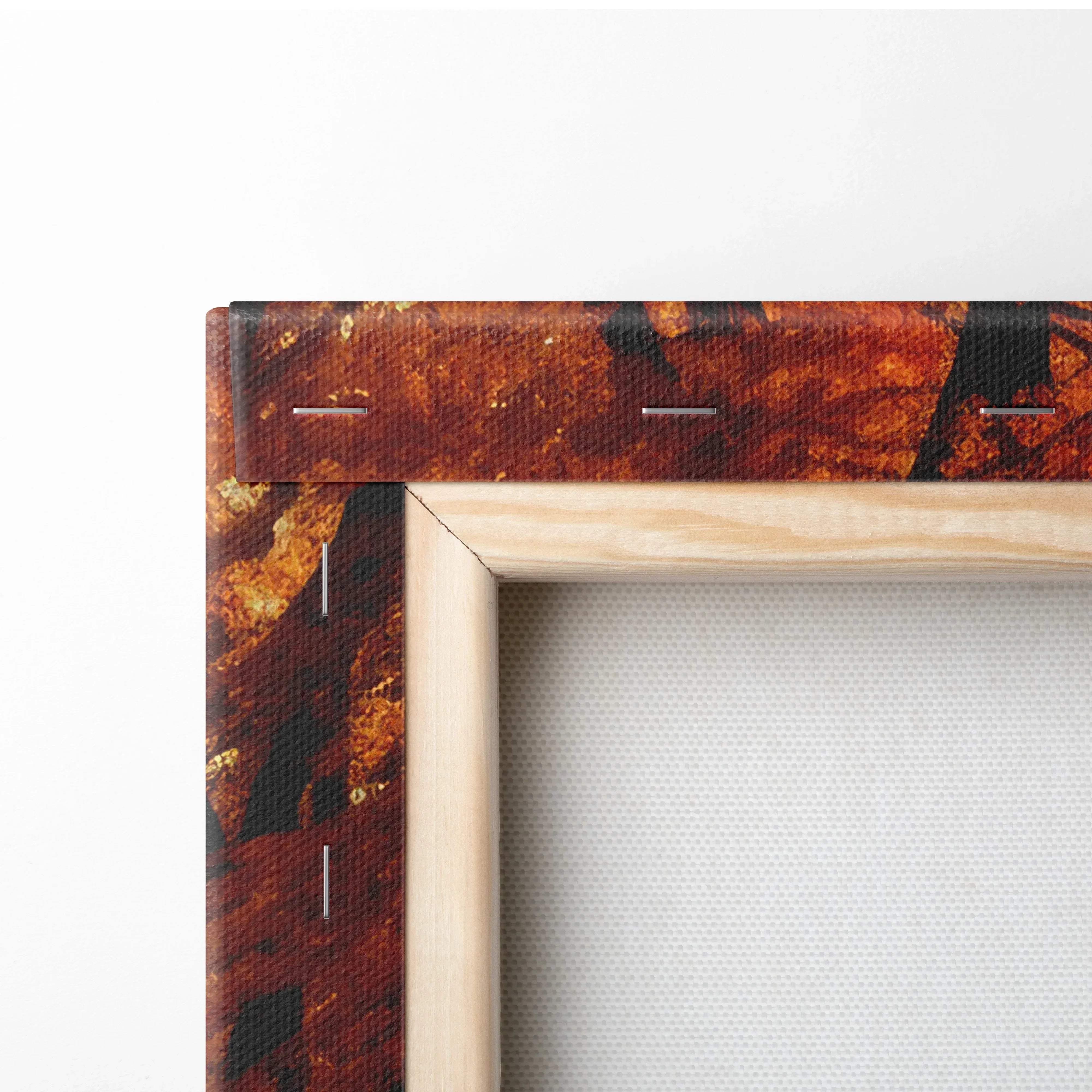 A rustic wooden frame with a textured canvas print of an autumn landscape in earthy orange and brown tones