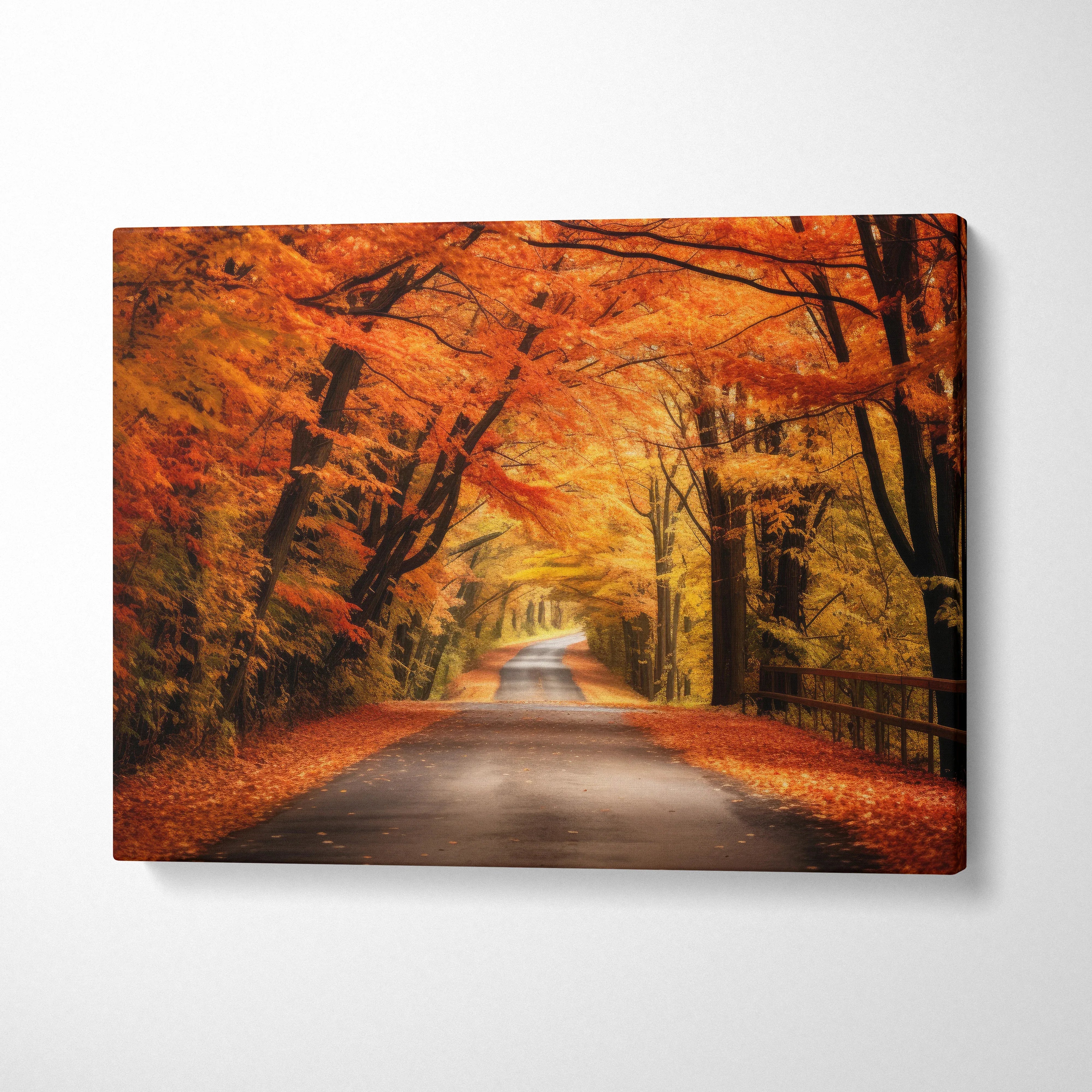 Canvas art of a winding road surrounded by vibrant orange and yellow autumn trees, wall art for fall decor.