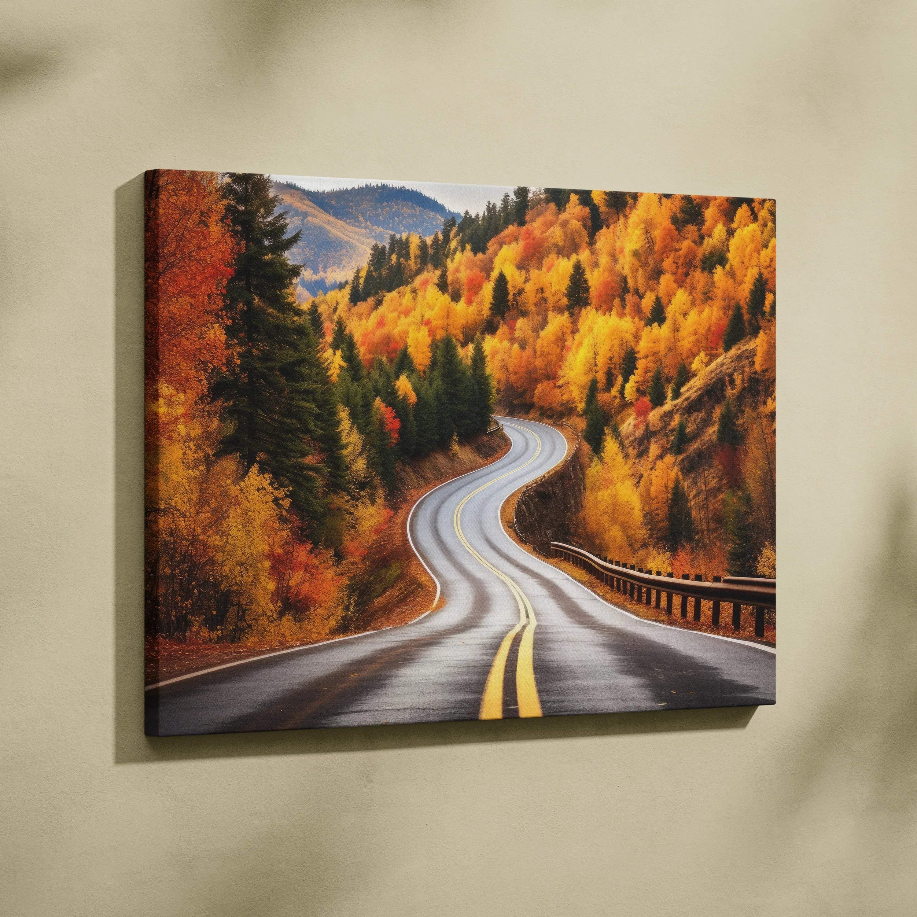 High resolution autumn landscape canvas art showing winding road through golden leaf trees, vibrant wall art.
