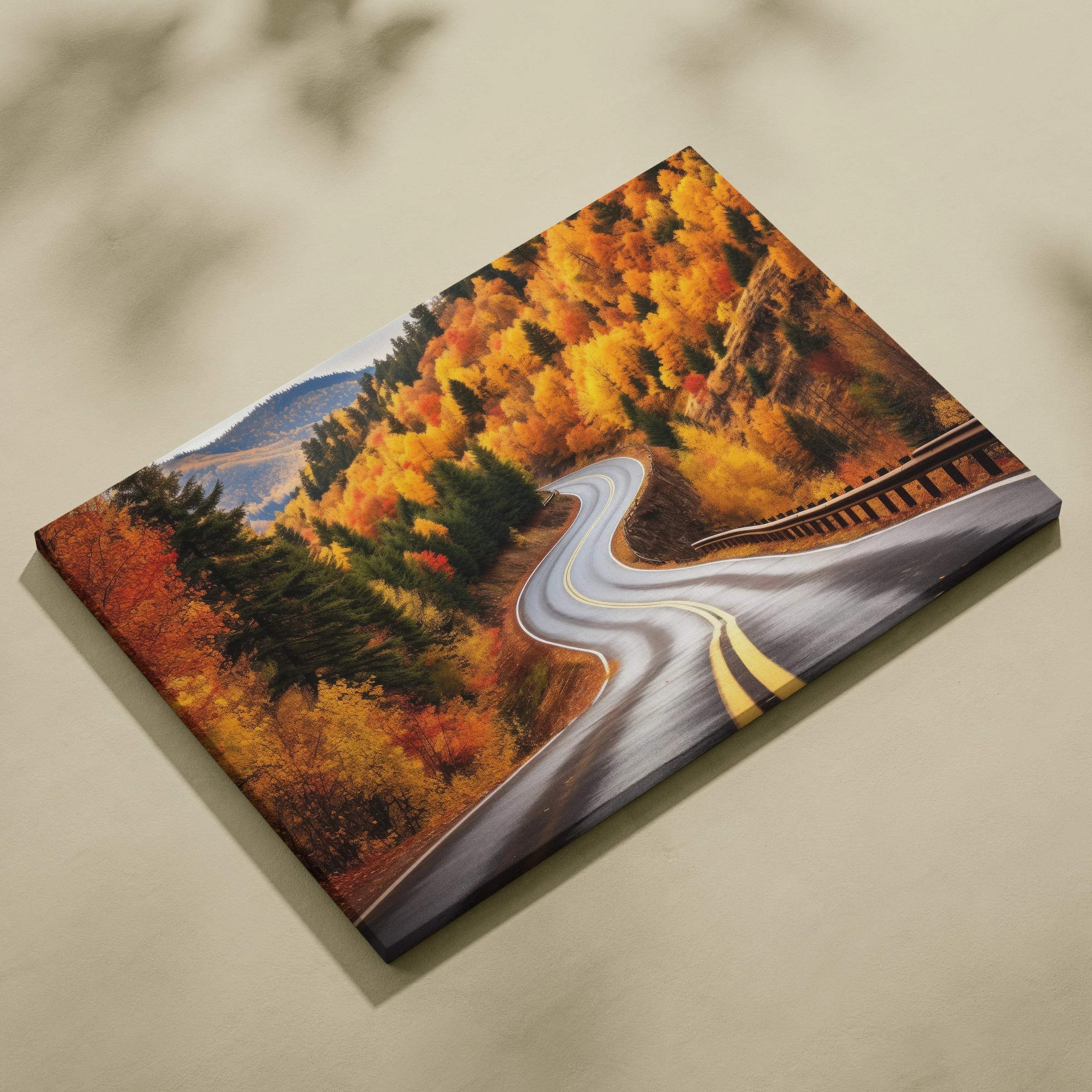 Autumn landscape canvas art featuring winding road through golden leaf trees, vibrant wall art.
