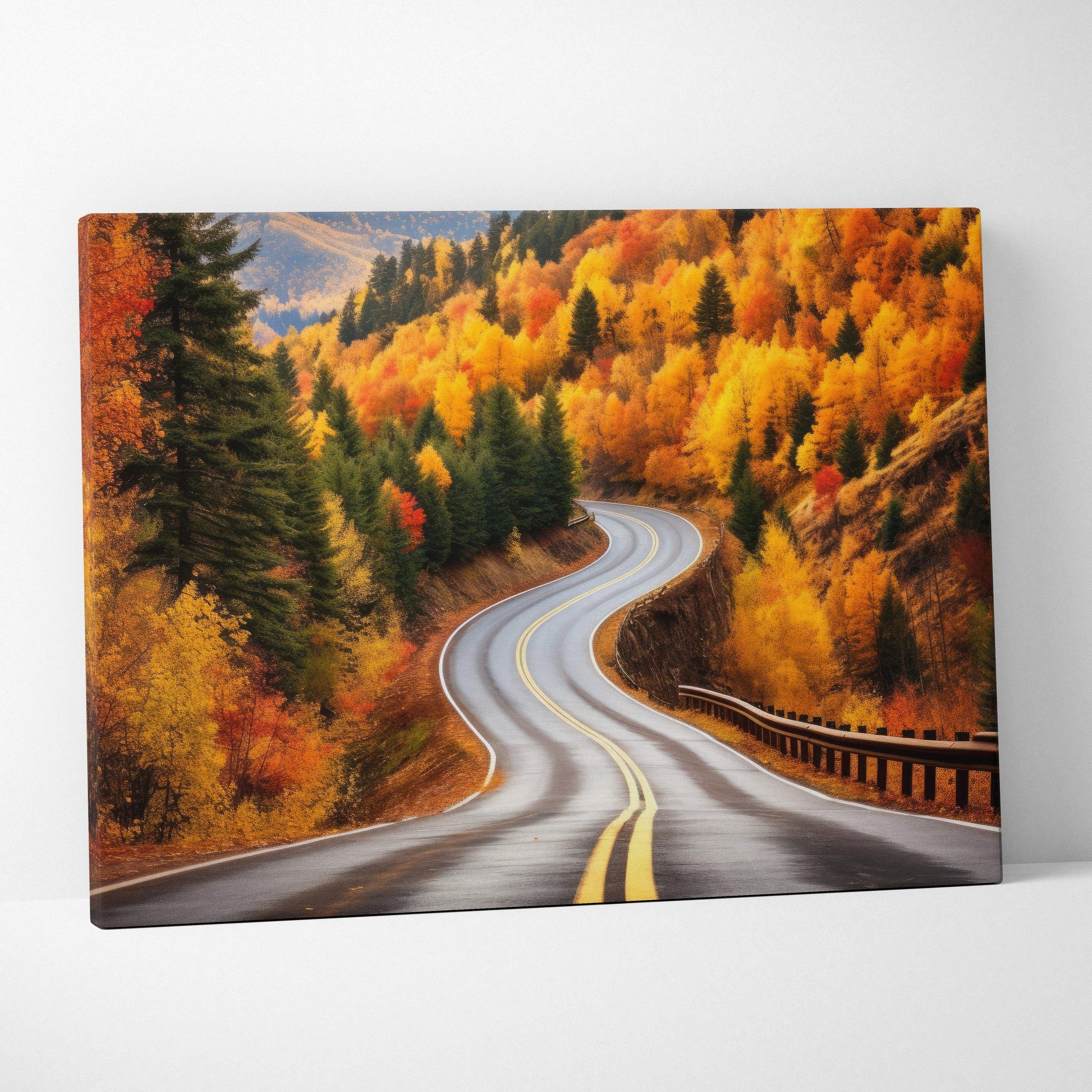 Canvas art of a winding road through golden autumn trees with vibrant fall foliage wall art.