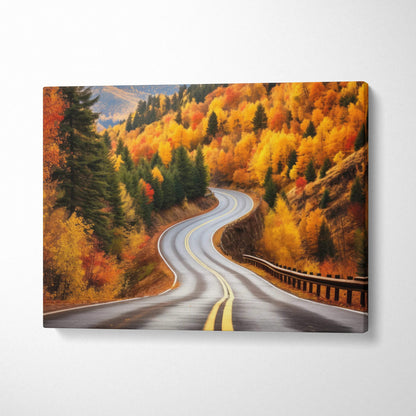 Canvas art featuring a winding road through vibrant autumn trees with golden leaves, serene nature wall art.
