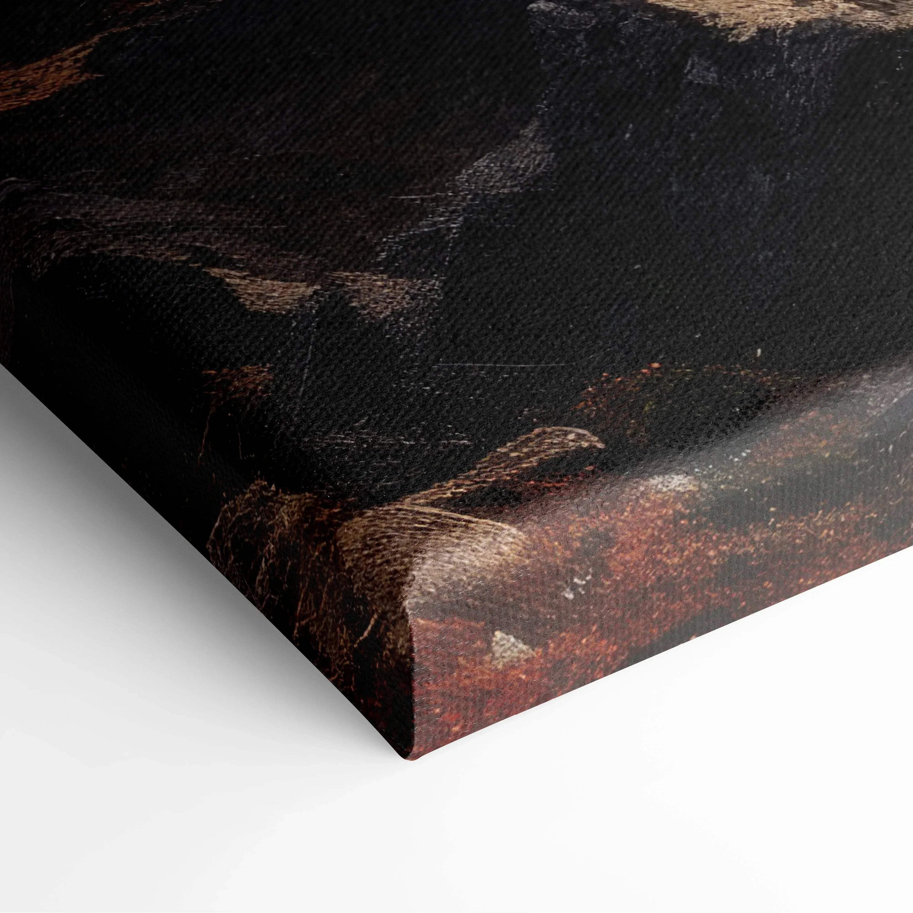 Dark autumn mountain landscape with vibrant sunset hues on stretched canvas wall art.