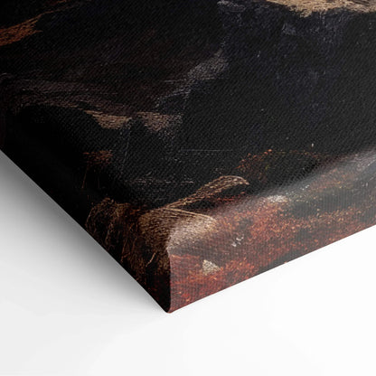 Dark autumn mountain landscape with vibrant sunset hues on stretched canvas wall art.