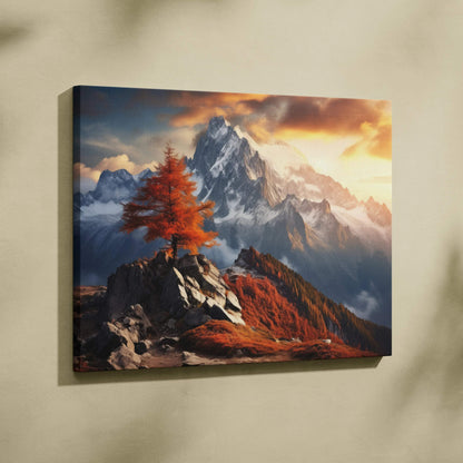 Autumn mountain sunset digital art canvas with vibrant orange tree and rocky foreground wall art.