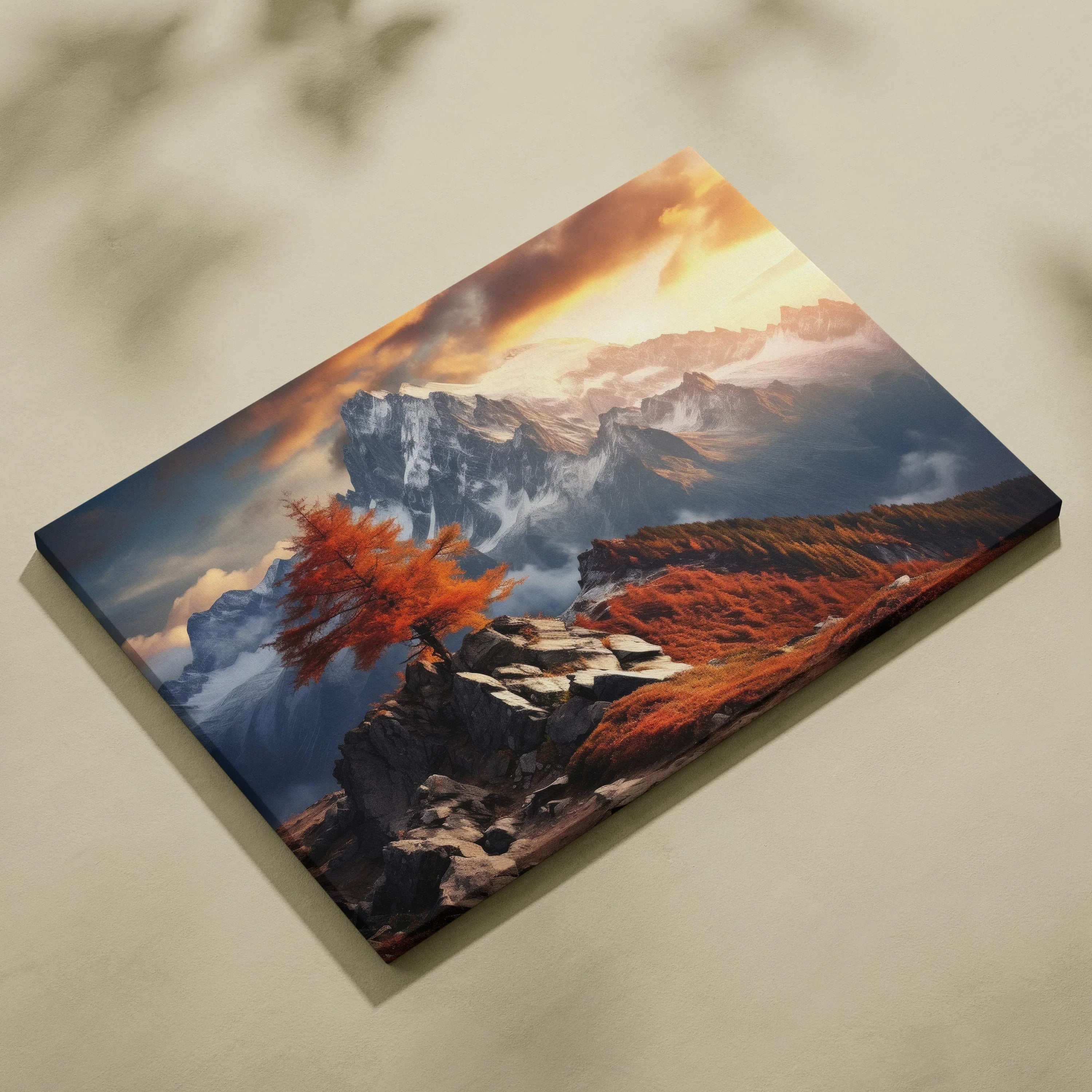 Autumn sunset mountains canvas art with vibrant orange and red foliage wall art decor.