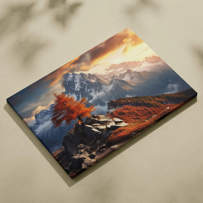 Autumn sunset mountains canvas art with vibrant orange and red foliage wall art decor.