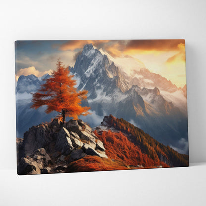 Autumn mountain landscape with vibrant orange tree and glowing sunset sky canvas wall art.