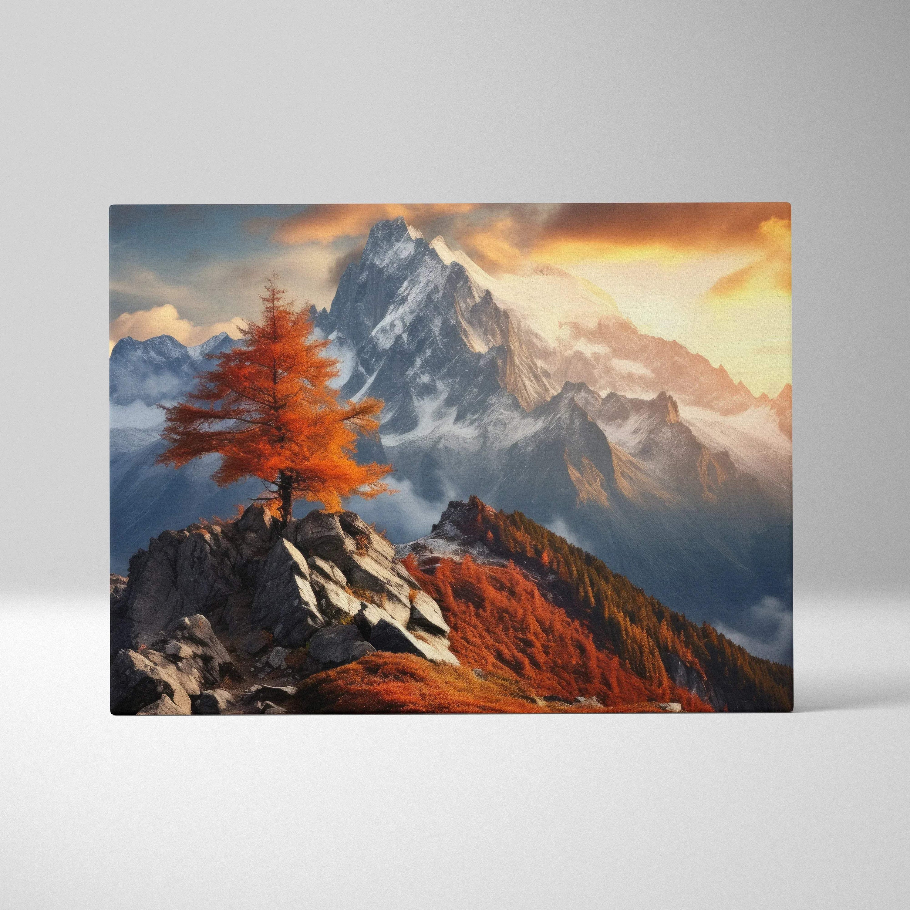 Vibrant autumn sunset mountain scene on canvas art with fiery orange tree and dramatic sky wall art.