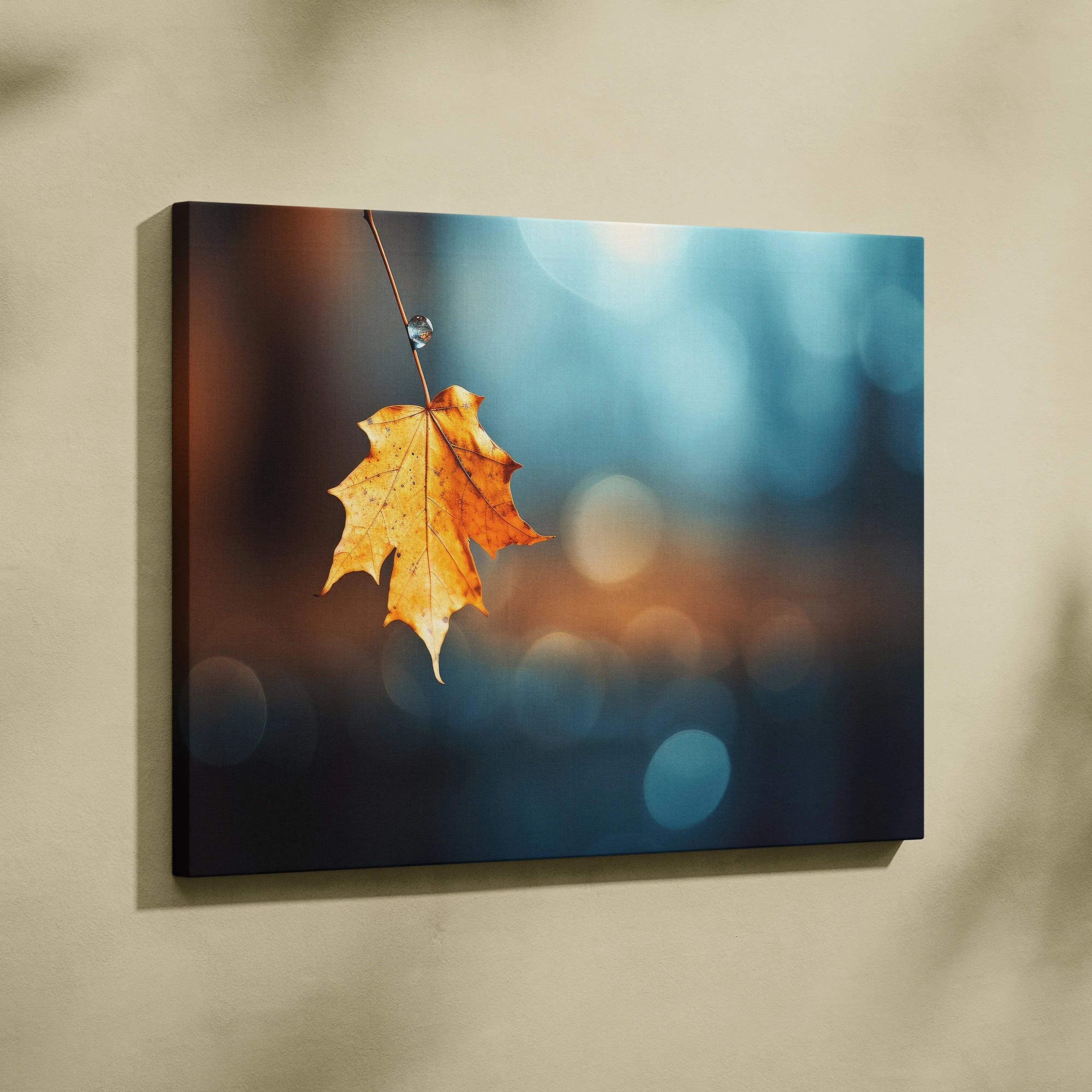 Canvas wall art featuring a single golden autumn leaf hanging against a blurred woodland background.