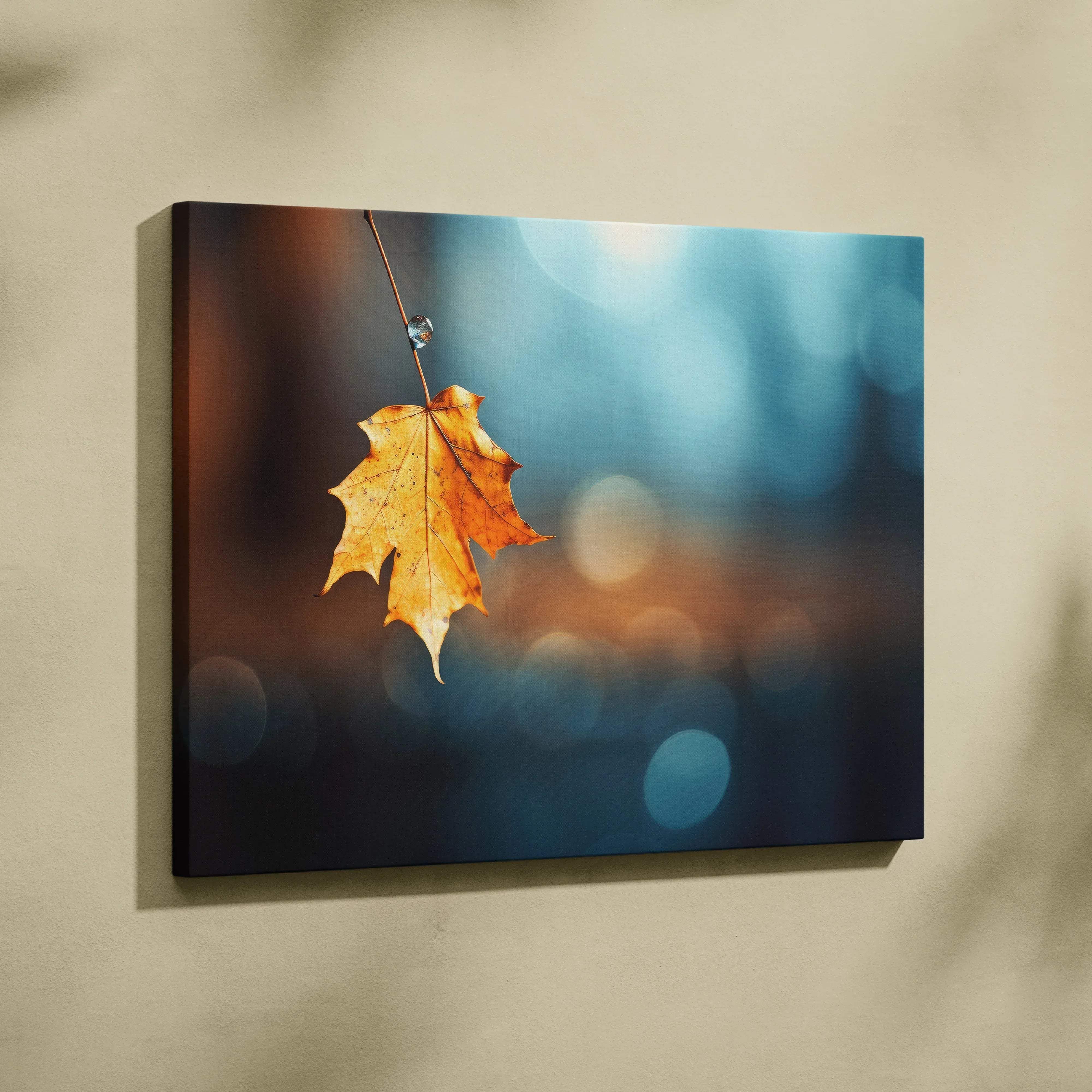 A canvas print featuring a golden-orange maple leaf with a dewdrop against a teal and amber bokeh backdrop