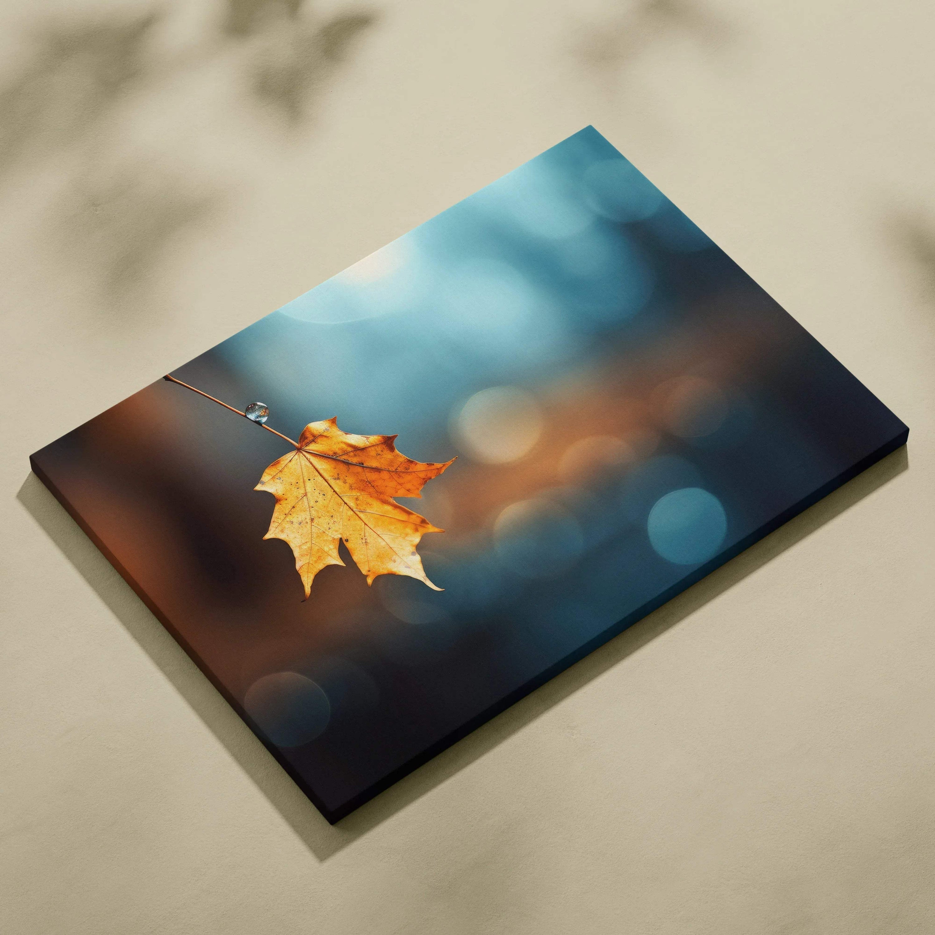 Canvas art featuring a single golden autumn leaf suspended against a blurred blue and brown woodland background wall art.
