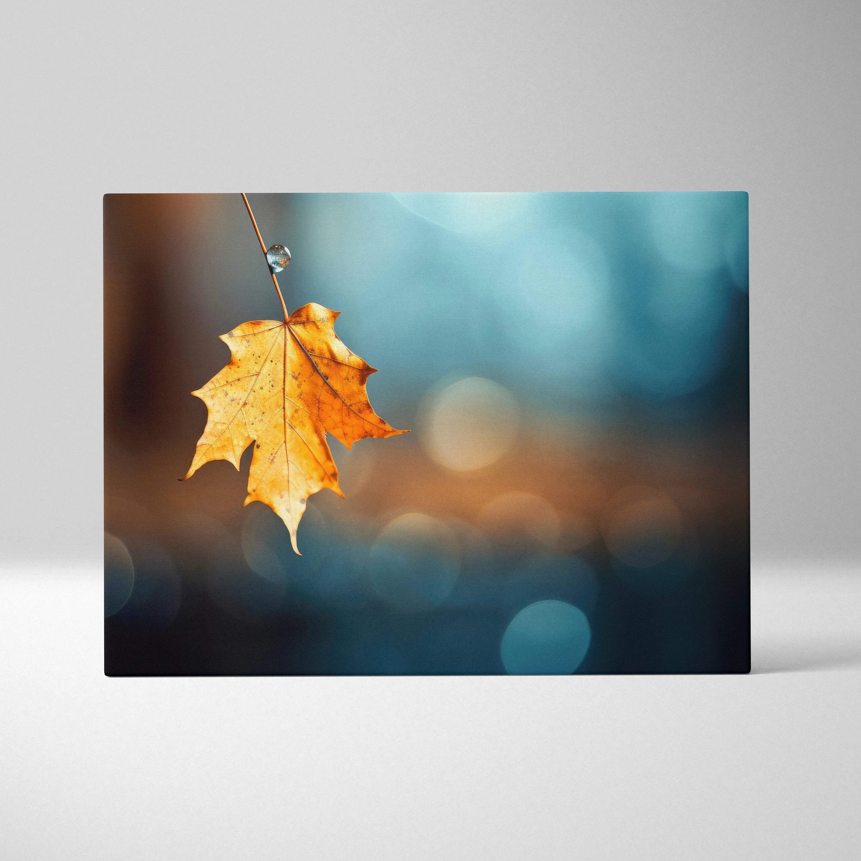 Canvas wall art featuring a single golden autumn leaf suspended against a blurred blue and brown woodland background.