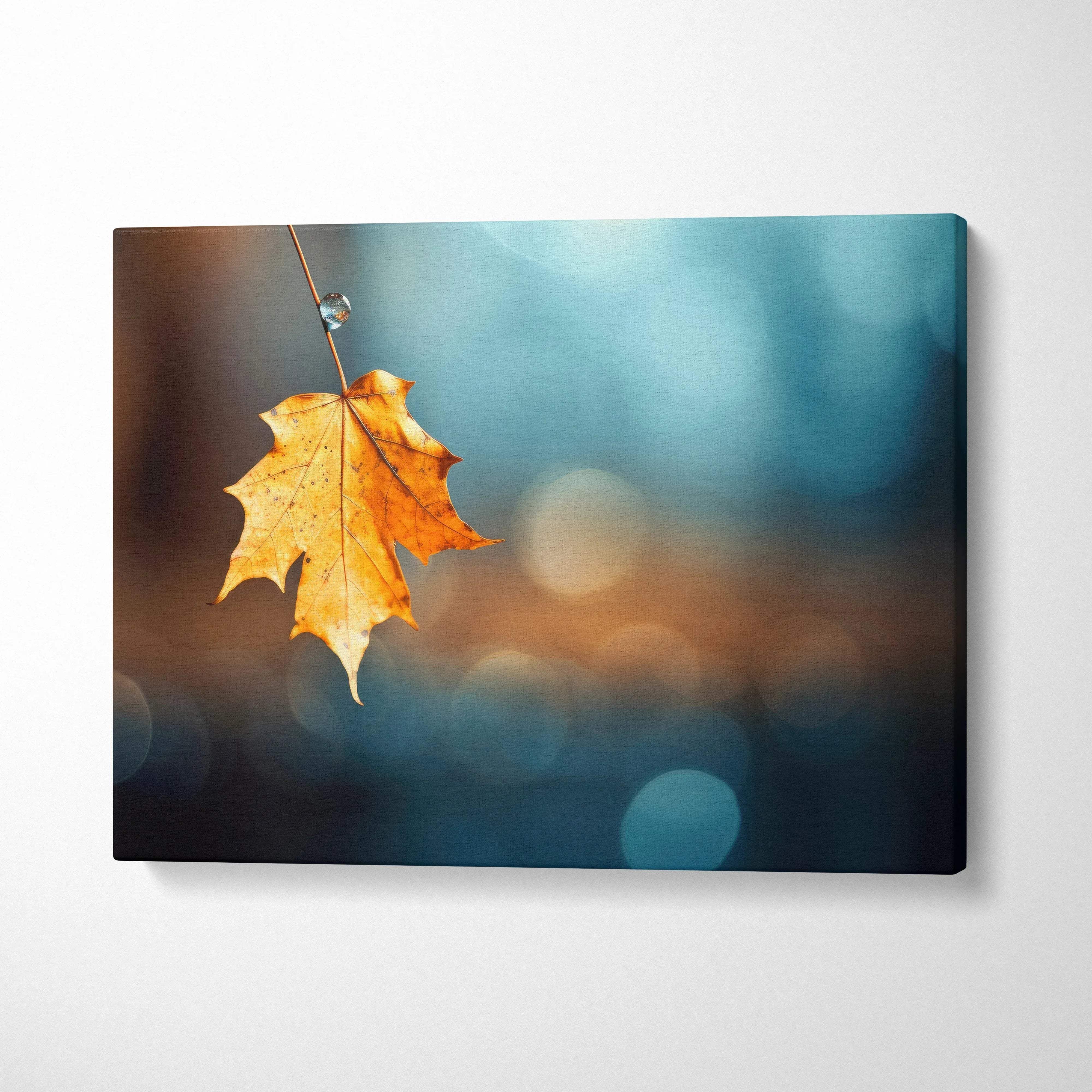 Canvas wall art featuring a single golden autumn leaf hanging with blurred blue and brown woodland background.