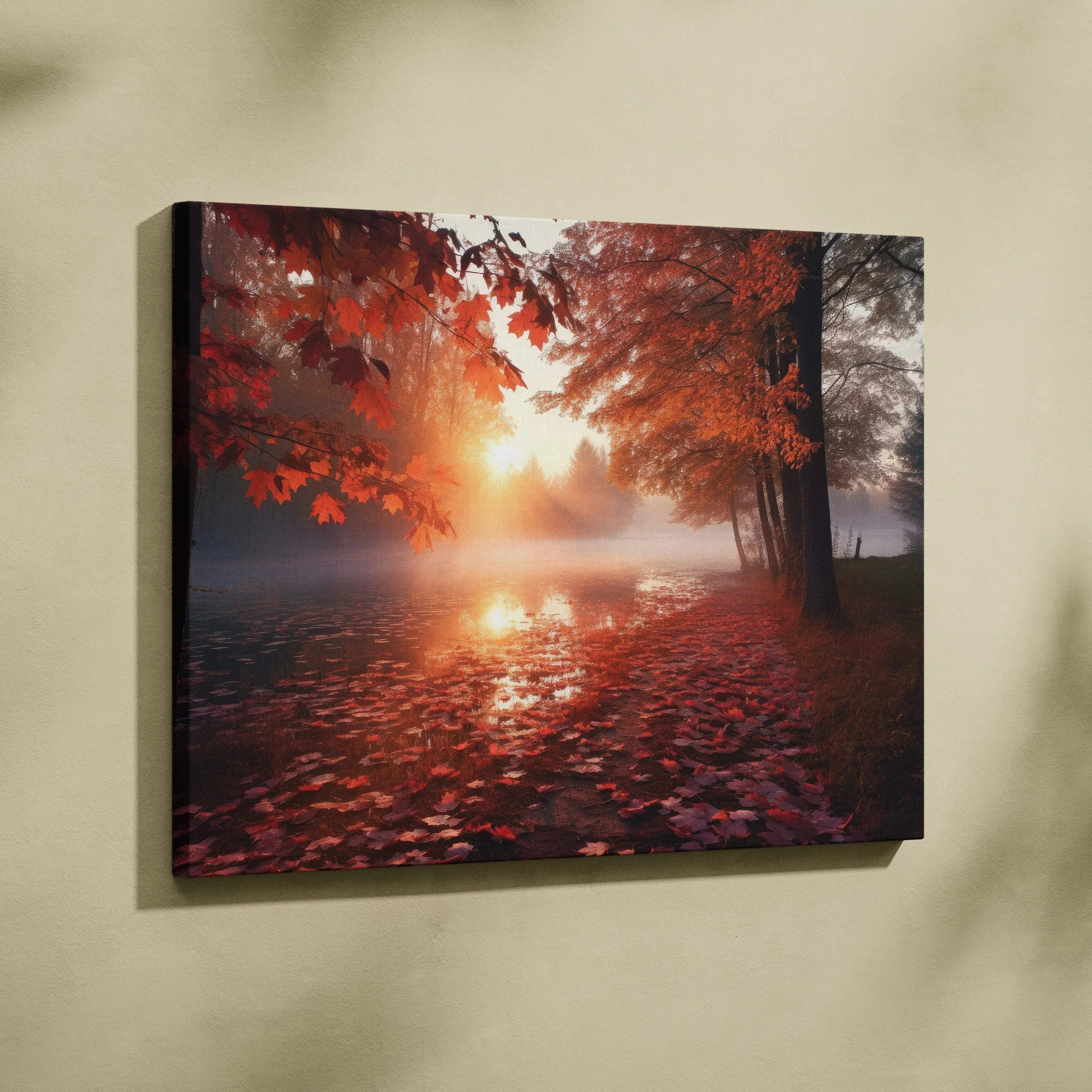 Autumn sunset canvas wall art with golden leaves and fiery sky over a serene lake.