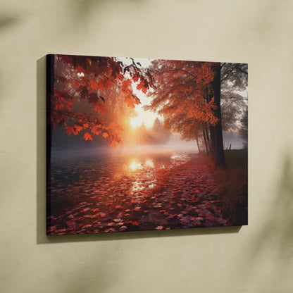 Autumn sunset canvas wall art with golden leaves and fiery sky over a serene lake.