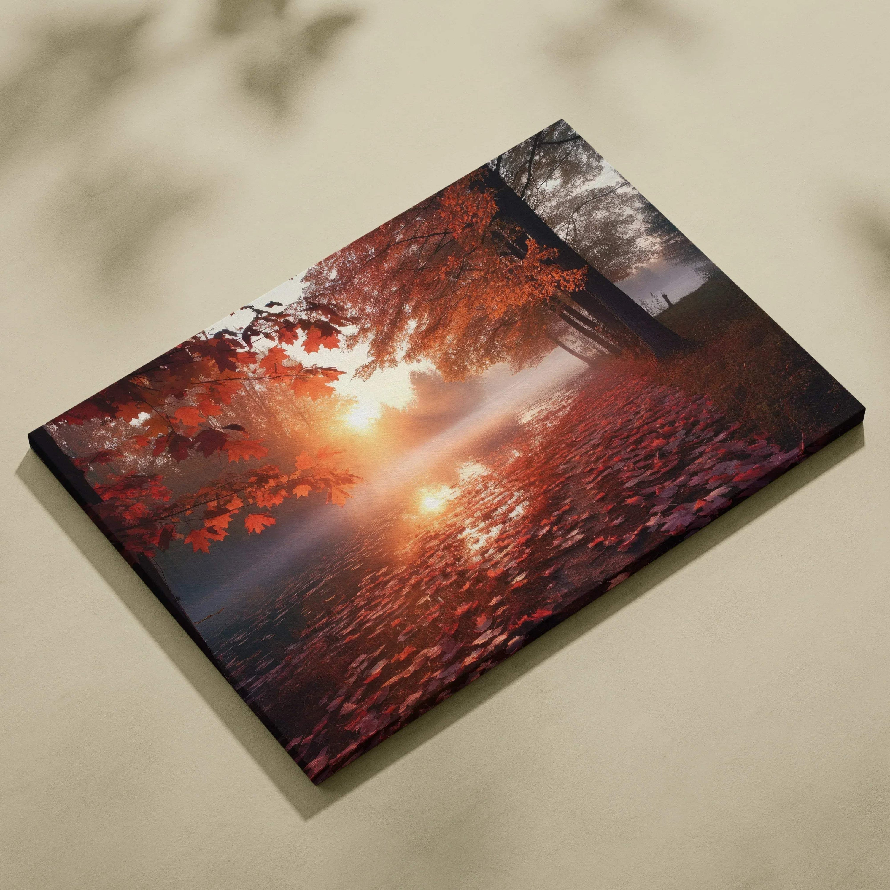 Autumn sunset canvas art with golden leaves and fiery sky, nature wall art print.