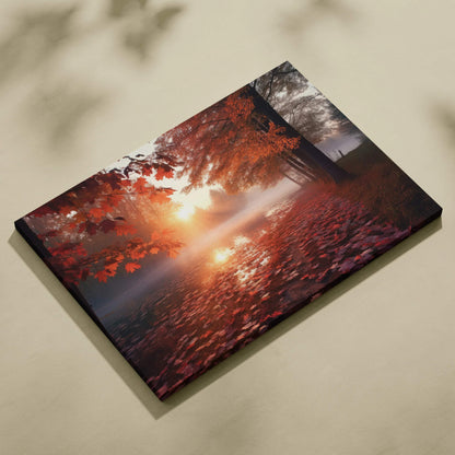 Autumn sunset canvas art with golden leaves and fiery sky, nature wall art print.