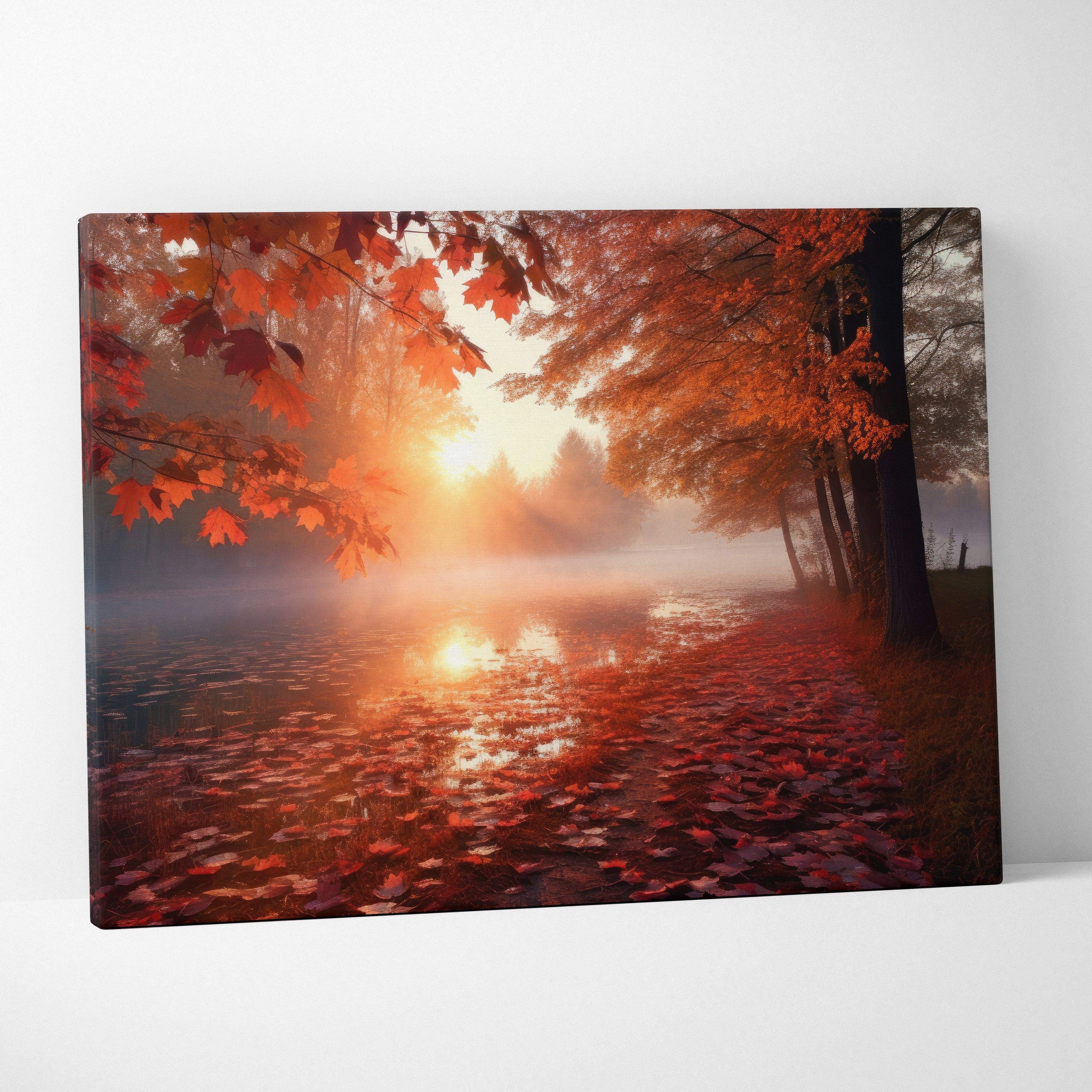 Autumn sunset canvas wall art with golden leaves and fiery sky over misty lake.