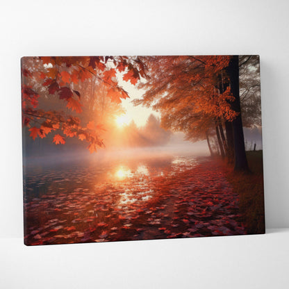 Autumn sunset canvas wall art with golden leaves and fiery sky over misty lake.