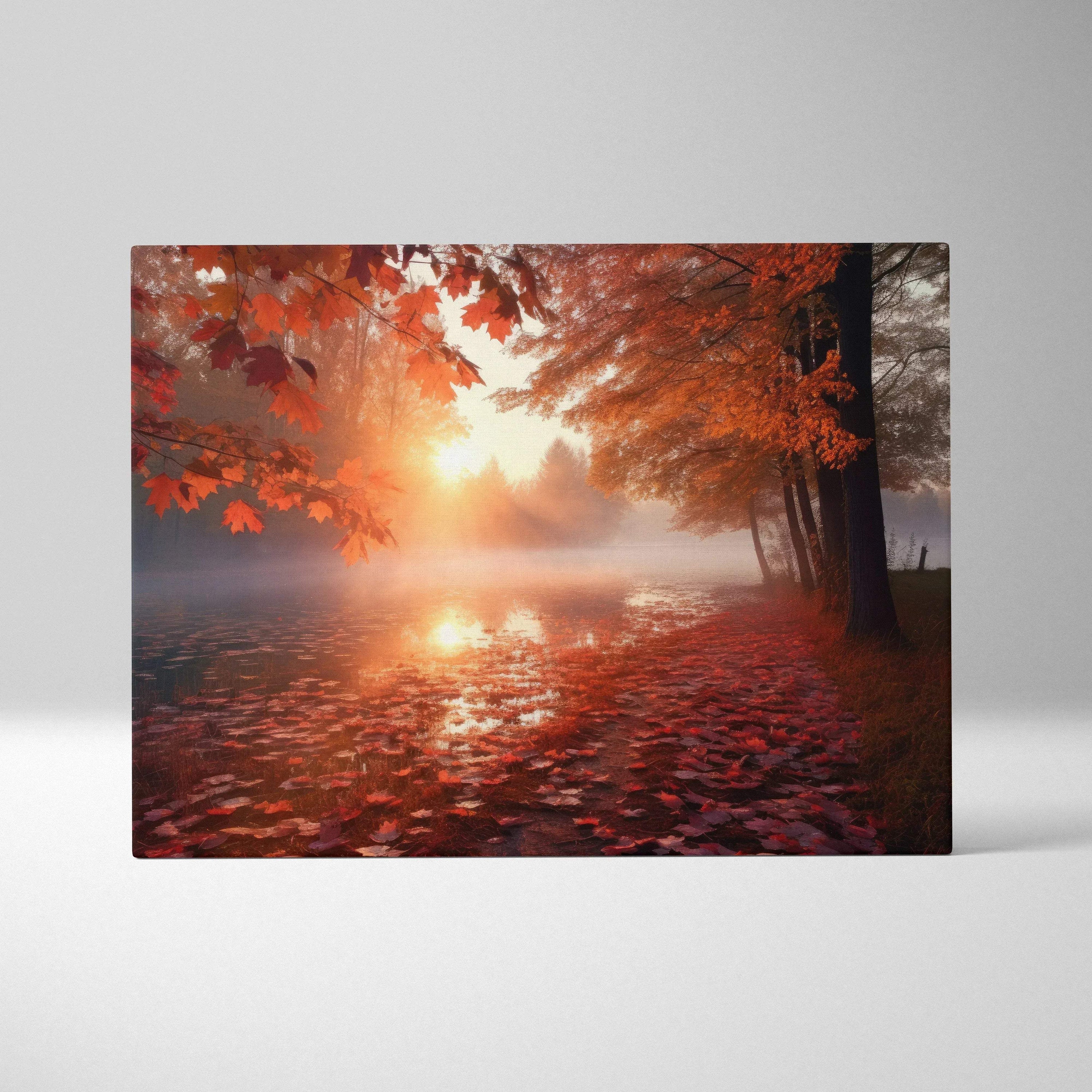 Autumn sunset canvas art with golden leaves glowing under fiery sky, nature wall art.