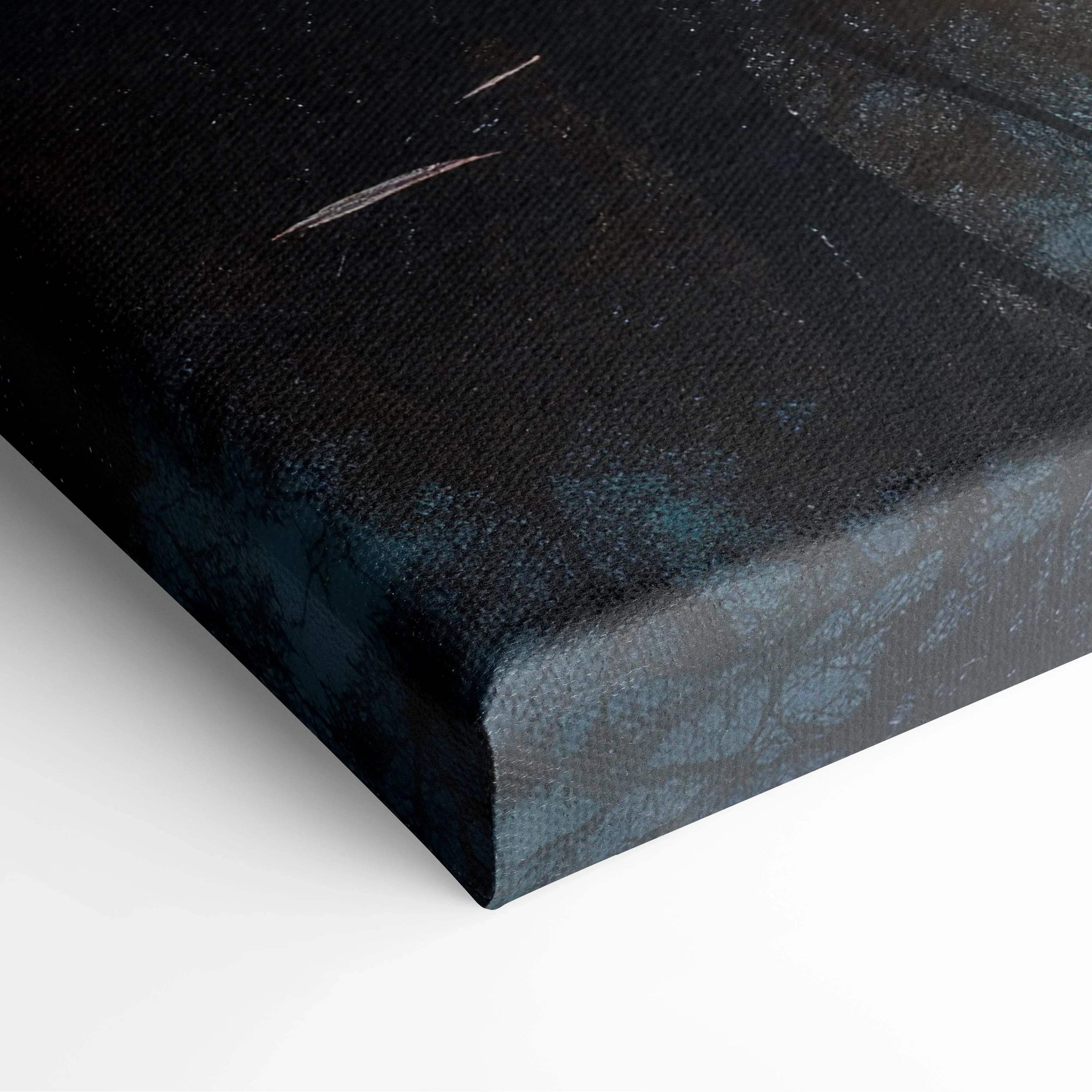Close-up of canvas art corner with dark blue and black tones, detailed texture of digital autumn wall art.