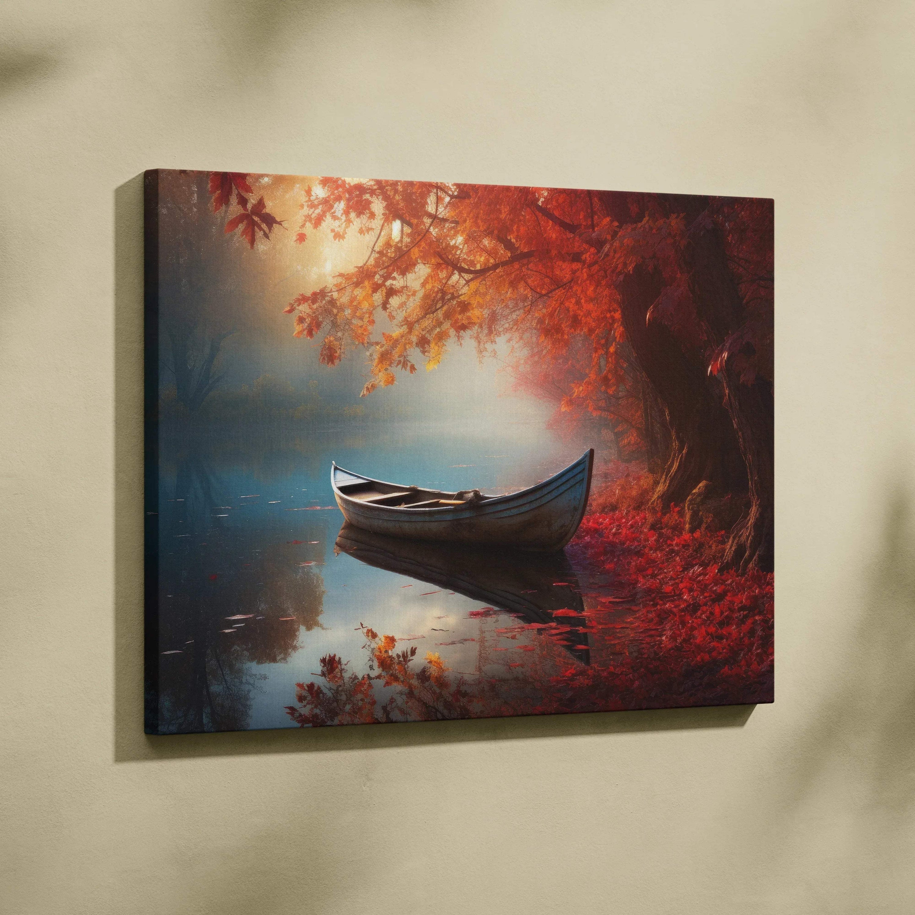 Canvas art of a lone rowboat on calm water surrounded by autumn trees with golden and red leaves wall art.