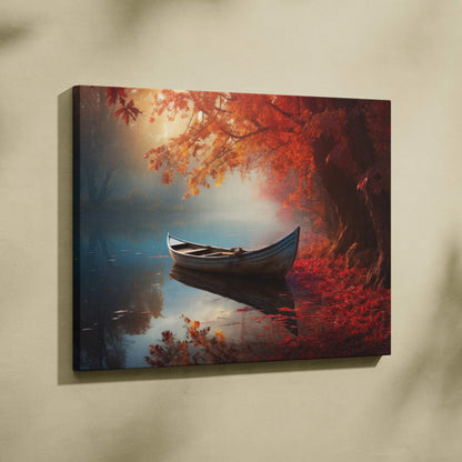 Canvas art of a lone rowboat on calm water surrounded by autumn trees with golden and red leaves wall art.