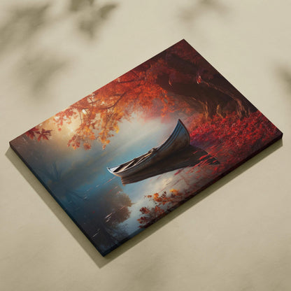 Fall-themed canvas art featuring a boat on calm water with red and golden autumn leaves.