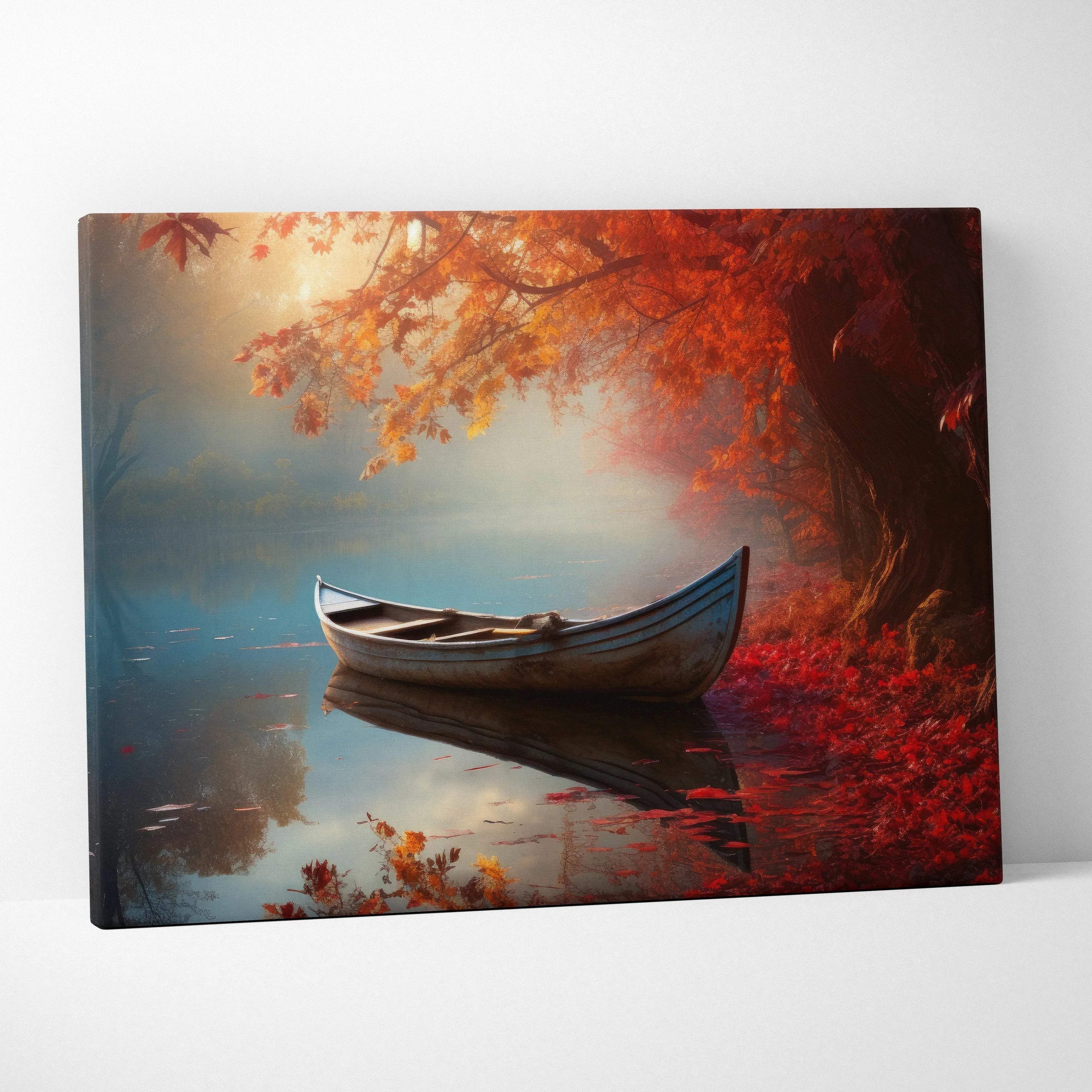 Canvas wall art featuring a wooden boat on calm water surrounded by vibrant autumn leaves in golden hues.
